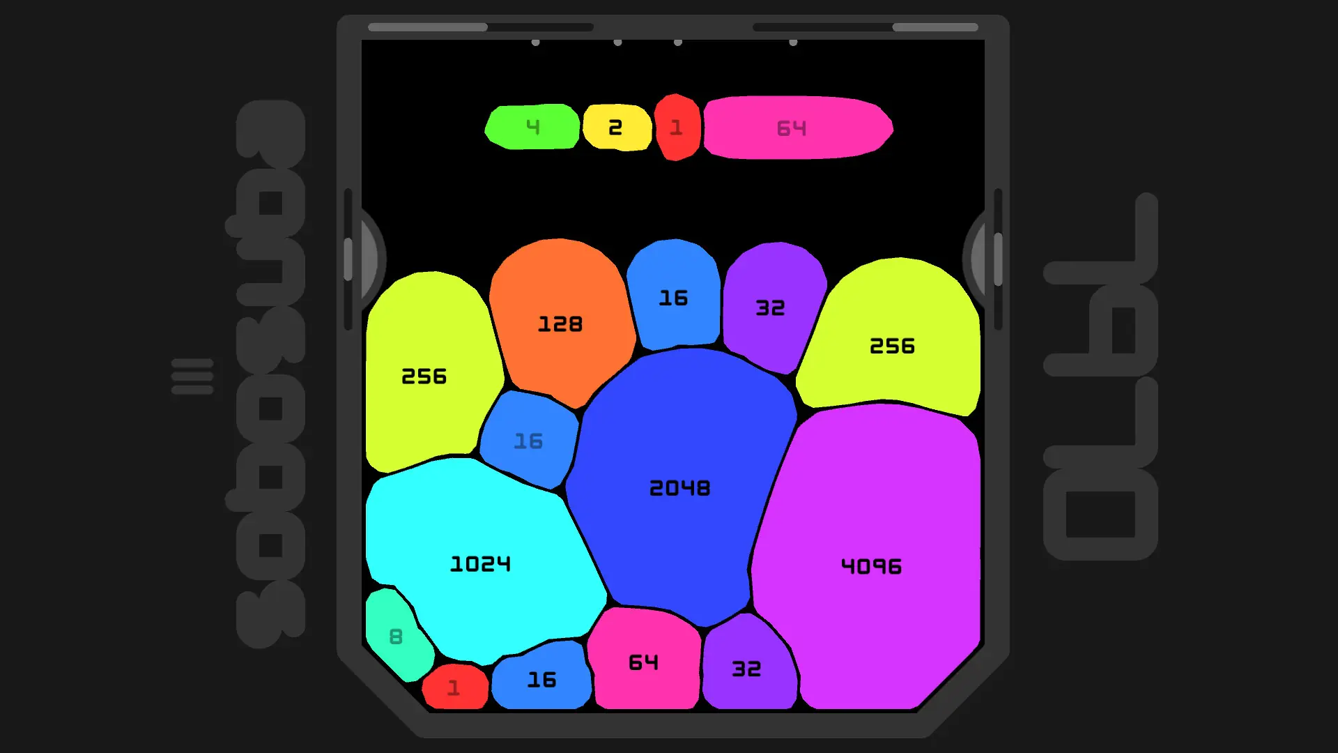 Official sobosuba screenshot with 1024, 2048 and 4096 blobs in a crowded stack