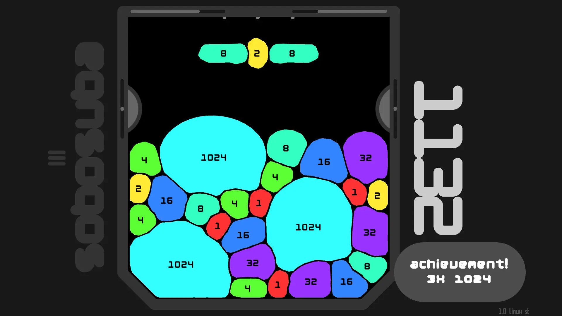 Official sobosuba screenshot showing three 1024 blobs and an achievement notification